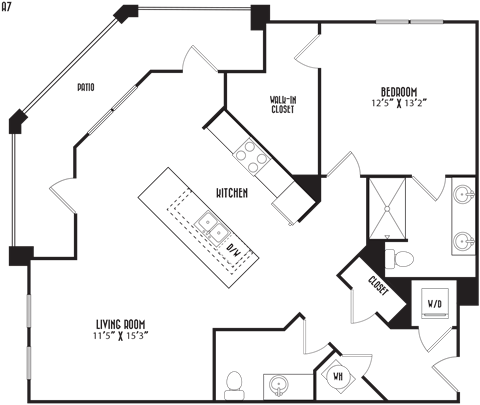 Floor plan for 1 bed, 1.5 baths, 1068 sqft