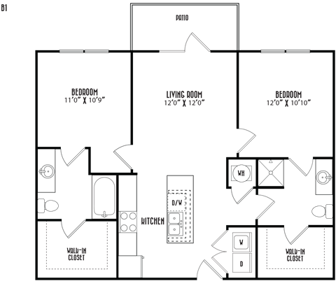 Floor plan for 2 beds, 2 baths, 950 sqft