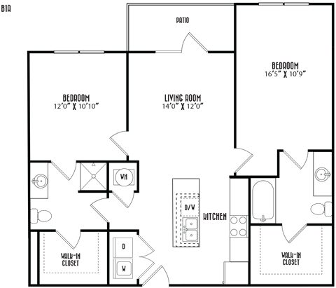 Floor plan for 2 beds, 2 baths, 1013 sqft