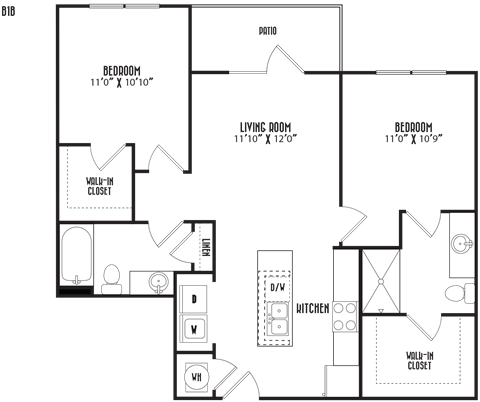 Floor plan for 2 beds, 2 baths, 930 sqft