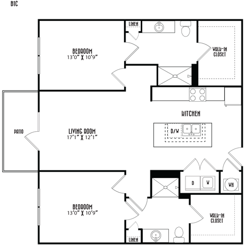 Floor plan for 2 beds, 2 baths, 1125 sqft