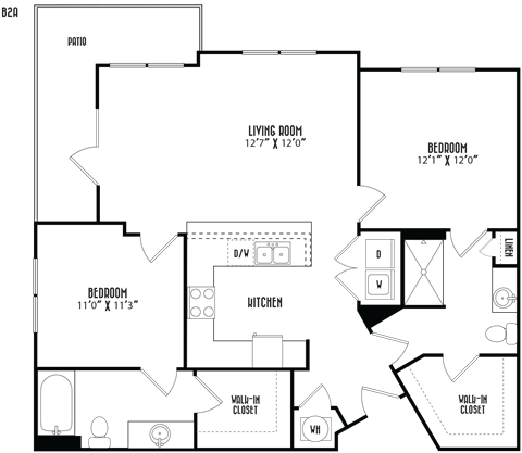 Floor plan for 2 beds, 2 baths, 1092 sqft