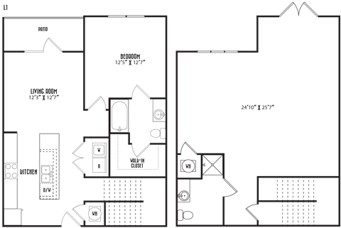 Floor plan for 1 bed, 2 baths, 1577 sqft