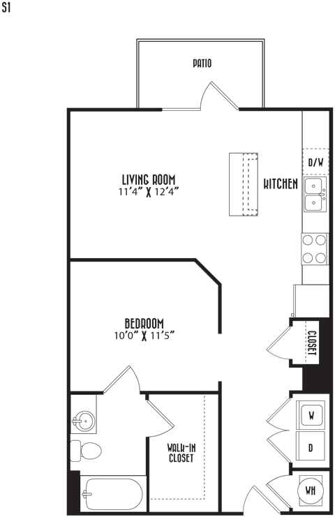 Floor plan for studio, 1 bath, 672 sqft