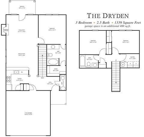 Floor plan for 3 beds, 2.5 baths, 1339 sqft