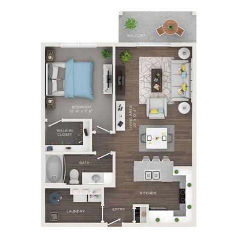 Floor plan for 1 bed, 1 bath, 736 sqft