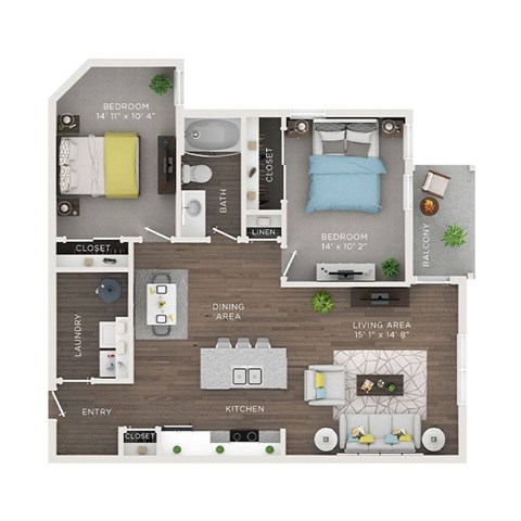 Floor plan for 2 beds, 1 bath, 1019 sqft