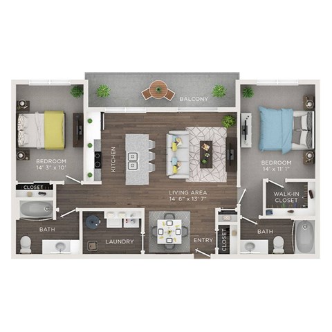 Floor plan for 2 beds, 2 baths, 1034 sqft