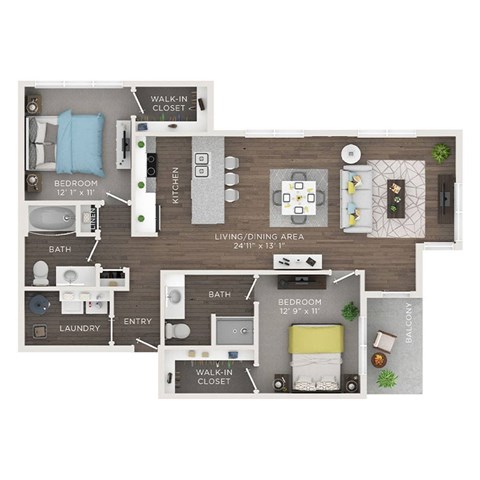 Floor plan for 2 beds, 2 baths, 1136 sqft