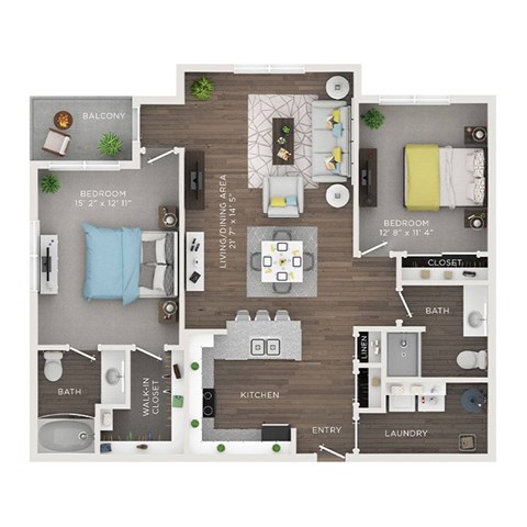 Floor plan for 2 beds, 2 baths, 1182 sqft