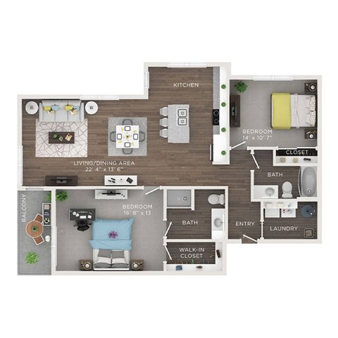 Floor plan for 2 beds, 2 baths, 1237 sqft