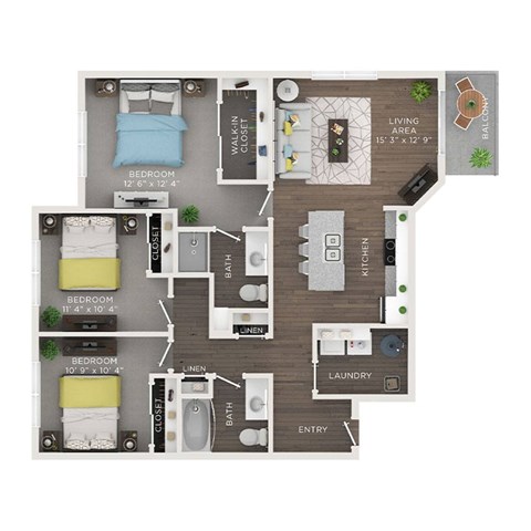 Floor plan for 3 beds, 2 baths, 1171 sqft
