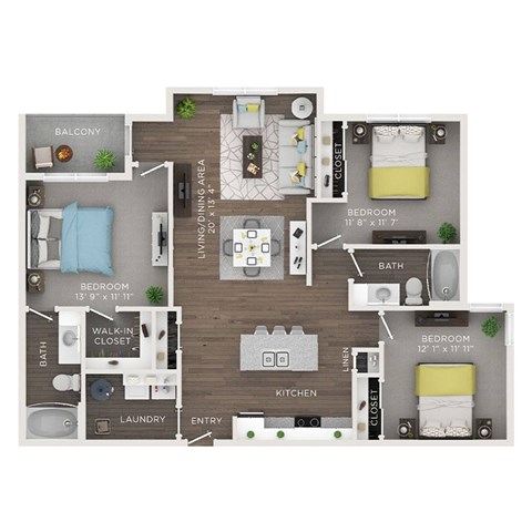 Floor plan for 3 beds, 2 baths, 1305 sqft