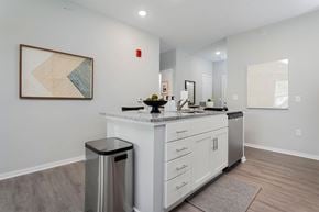 Middletown apartment for rent - 3-Bedroom Apartments in Middletown, OH - Echo Ridge Apartments - Modern Kitchen Island With Granite Countertop, White Cabinetry, Stainless Steel Dishwasher, and Wood Style Flooring.