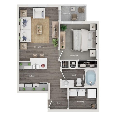 Floor plan for 1 bed, 1 bath, 631 sqft