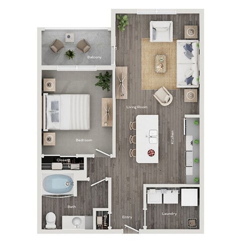 Floor plan for 1 bed, 1 bath, 740 sqft