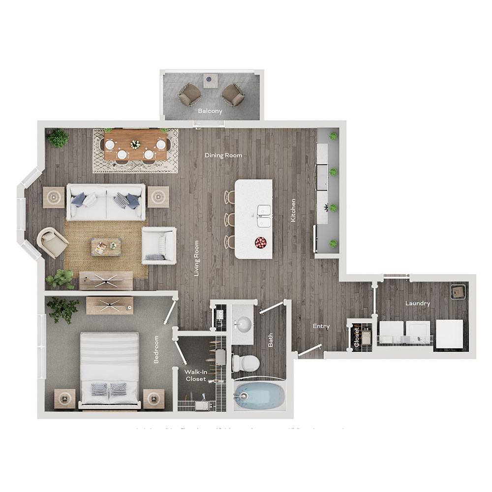 Floor plan for 1 bed, 1 bath, 837 sqft
