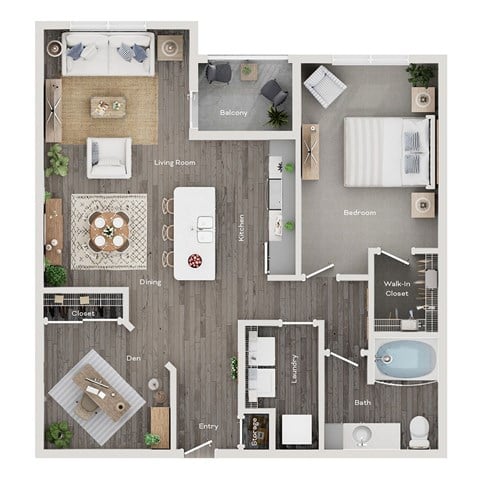 Floor plan for 1 bed, 1 bath, 967 sqft