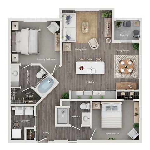 Floor plan for 2 beds, 2 baths, 1039 sqft