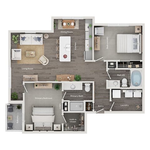 Floor plan for 2 beds, 2 baths, 1100 sqft