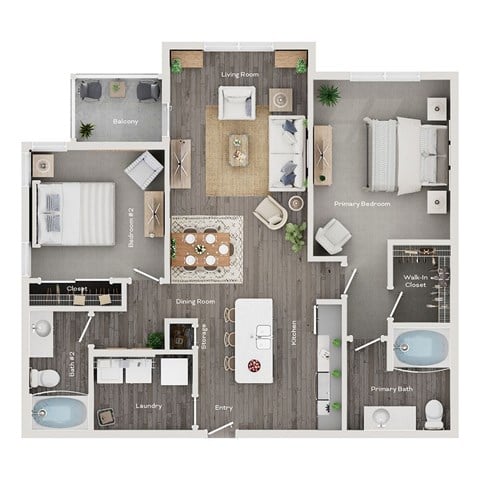 Floor plan for 2 beds, 2 baths, 1132 sqft