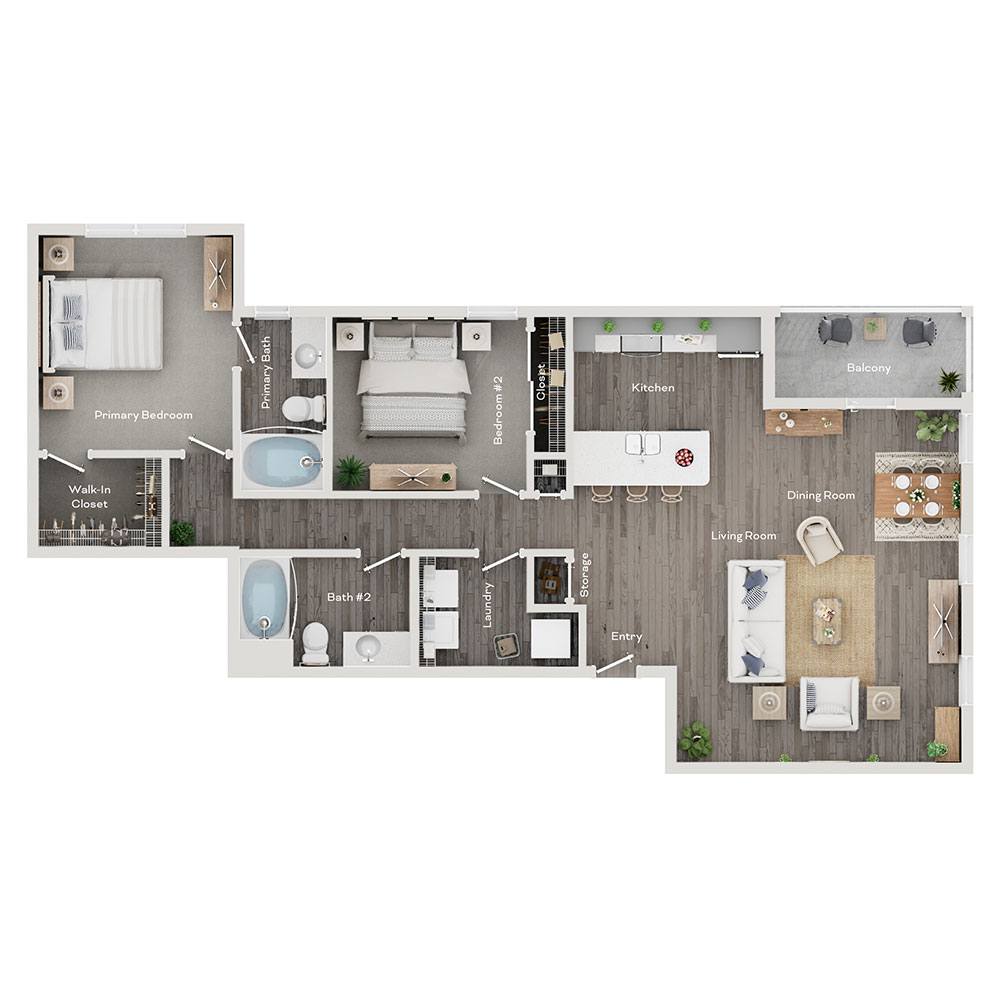 Floor plan for 2 beds, 2 baths, 1226 sqft