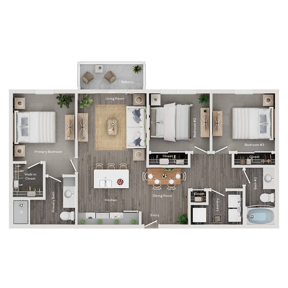 Floor plan for 3 beds, 2 baths, 1093 sqft