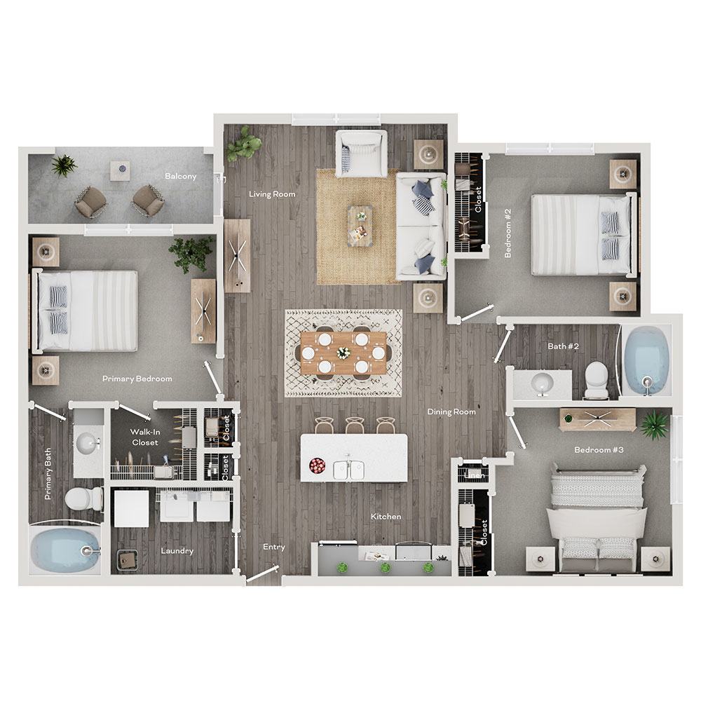 Floor plan for 3 beds, 2 baths, 1240 sqft