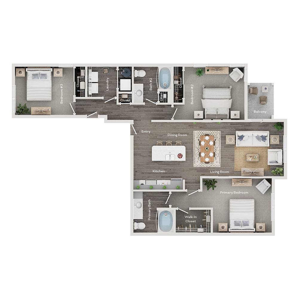 Floor plan for 3 beds, 2 baths, 1449 sqft