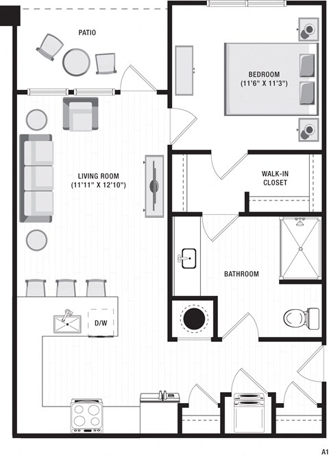 Floor plan for 1 bed, 1 bath, 748 sqft