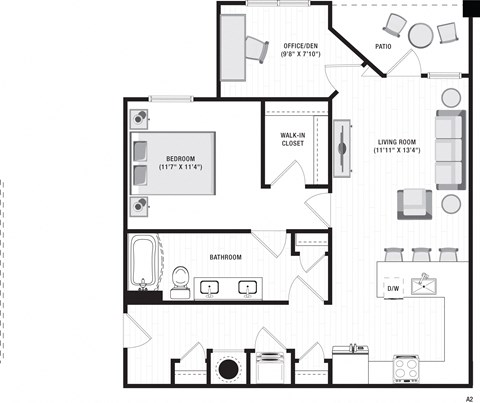 Floor plan for 1 bed, 1 bath, 900 sqft