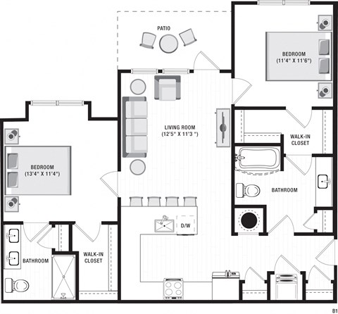 Floor plan for 2 beds, 2 baths, 1047 sqft