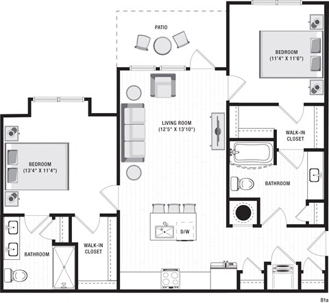 Floor plan for 2 beds, 2 baths, 1047 sqft