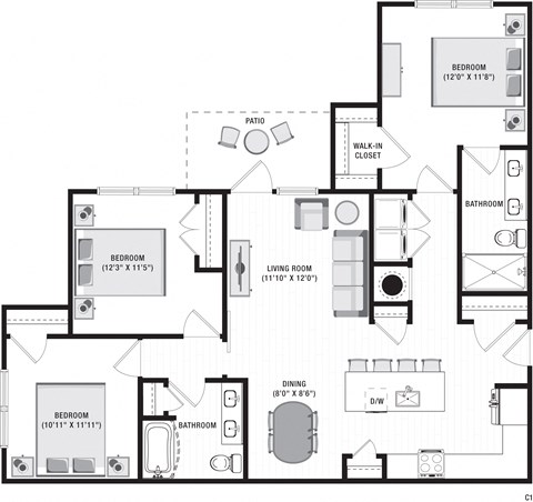 Floor plan for 3 beds, 2 baths, 1251 sqft
