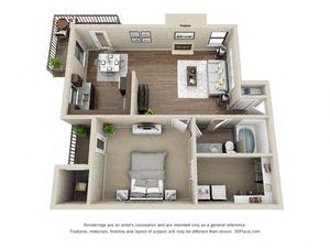 Floor plan for 1 bed, 1 bath, 1000 sqft
