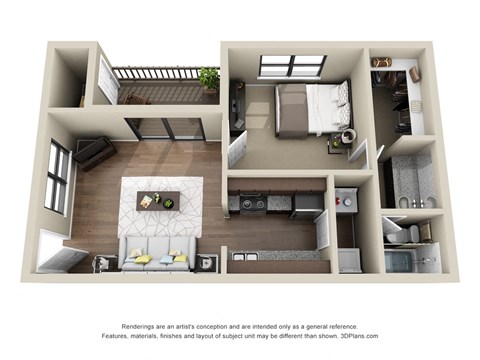 Floor plan for 1 bed, 1 bath, 670 sqft