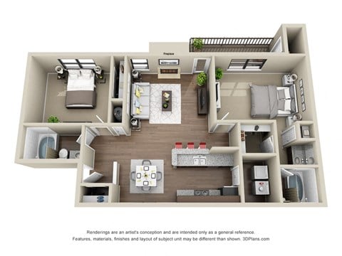 Floor plan for 1 bed, 2 baths, 1200 sqft