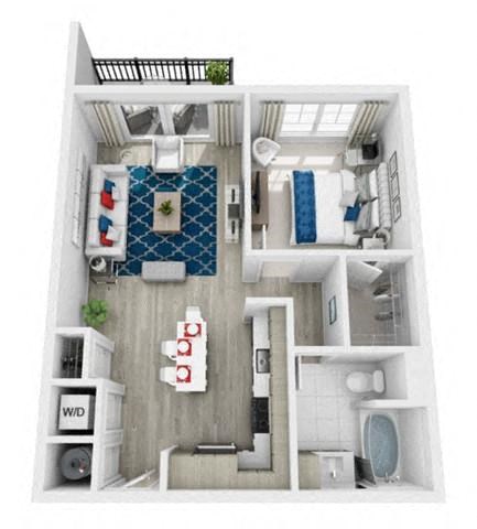 Floor plan for 1 bed, 1 bath, 707 sqft