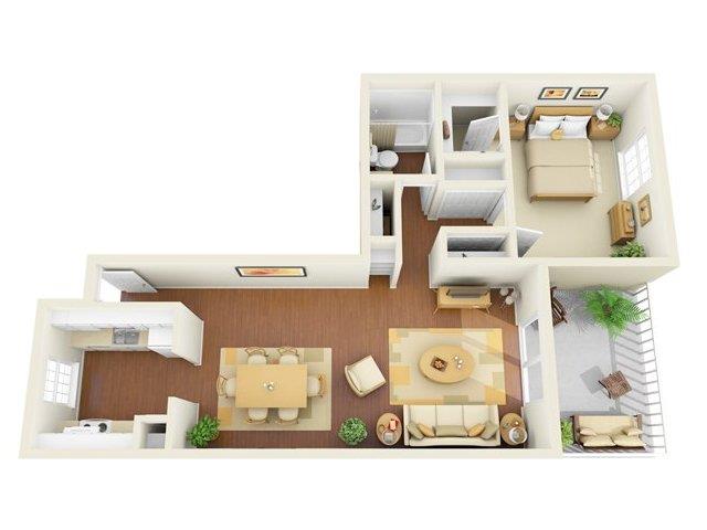 Floor plan for 1 bed, 1 bath, 975 sqft