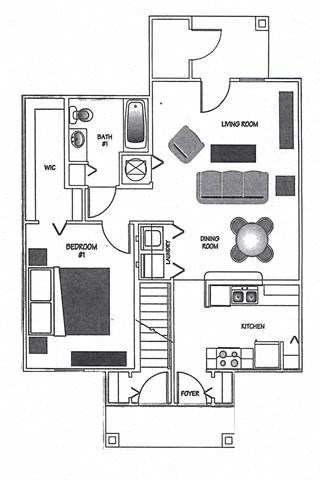 Floor plan for 1 bed, 1 bath, 906 sqft