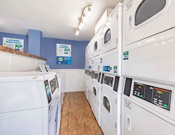A row of washing machines in a laundromat