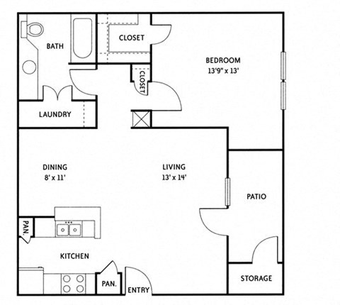 Floor plan for 1 bed, 1 bath, 855 sqft