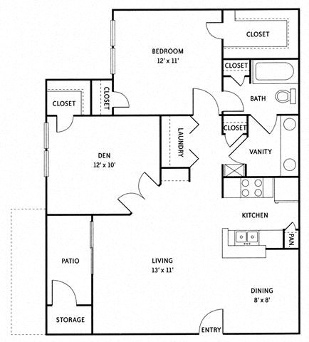 Floor plan for 1 bed, 1 bath, 968 sqft