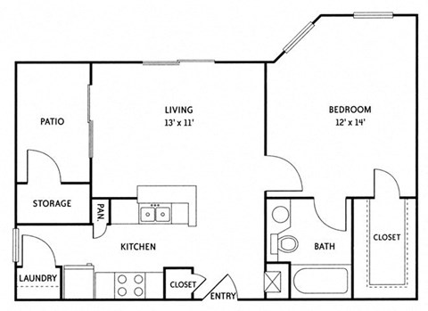 Floor plan for 1 bed, 1 bath, 700 sqft