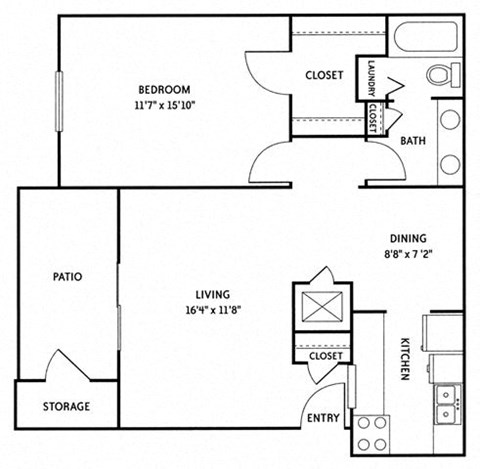 Floor plan for 1 bed, 1 bath, 881 sqft