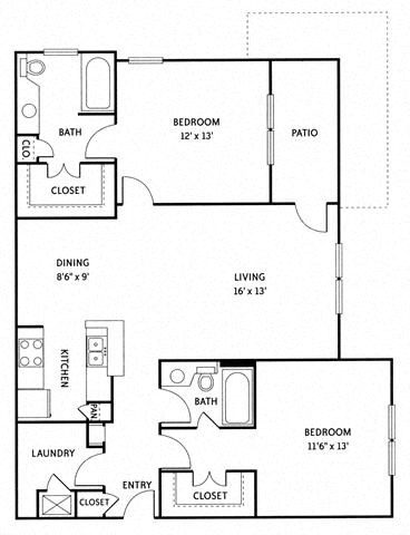 Floor plan for 2 beds, 2 baths, 1212 sqft