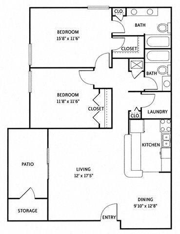 Floor plan for 2 beds, 2 baths, 1330 sqft