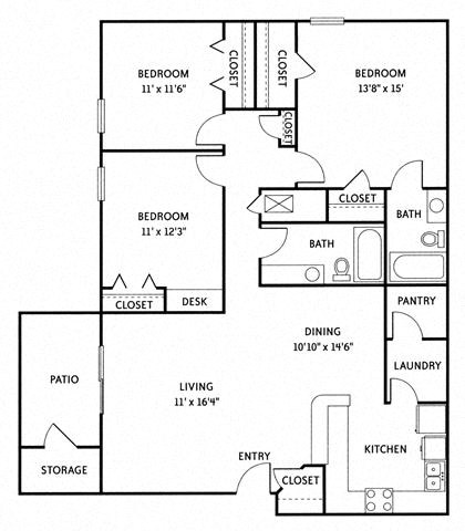 Floor plan for 3 beds, 2 baths, 1507 sqft