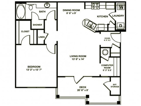 Floor plan for 1 bed, 1 bath, 906 sqft
