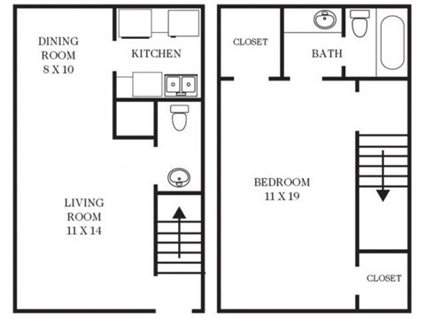 Floor plan for 1 bed, 1.5 baths, 760 sqft